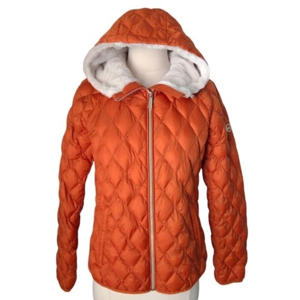 NWOT Michael Kors Fur Hooded Orange Packable‎ Down Quilted Puffer Jacket- S